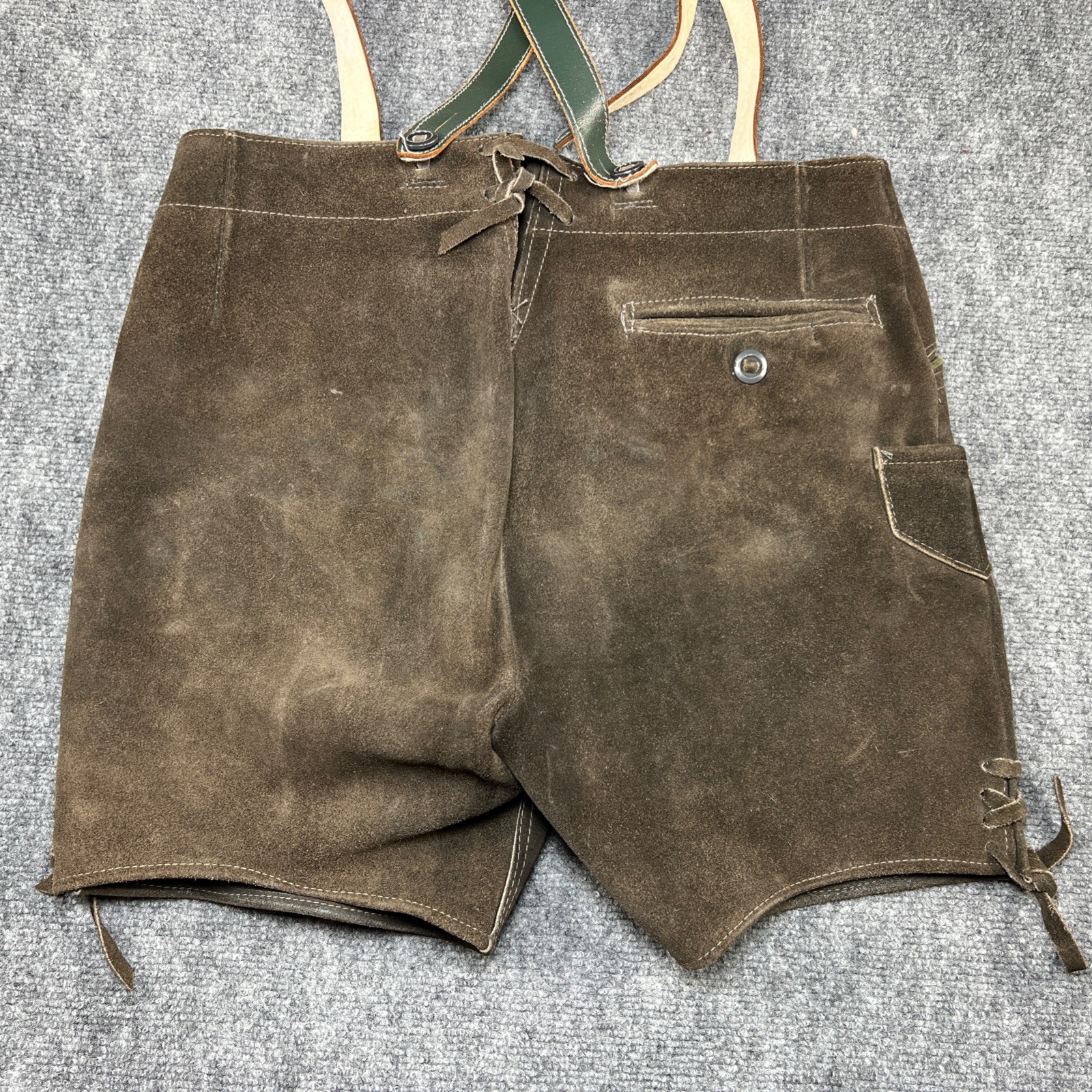 Vintage German Lederhosen Suede Leather Bavarian Shorts Bibs Oktoberfest Sz 30”