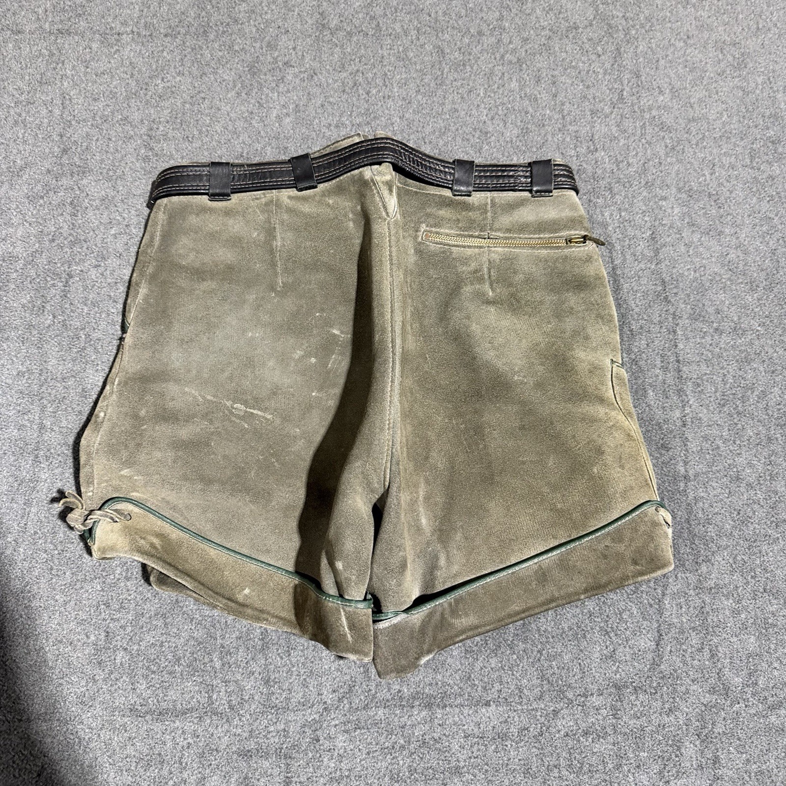 Vintage German Lederhosen Suede Leather Shorts 30 Waist Alpine Drop Front Green