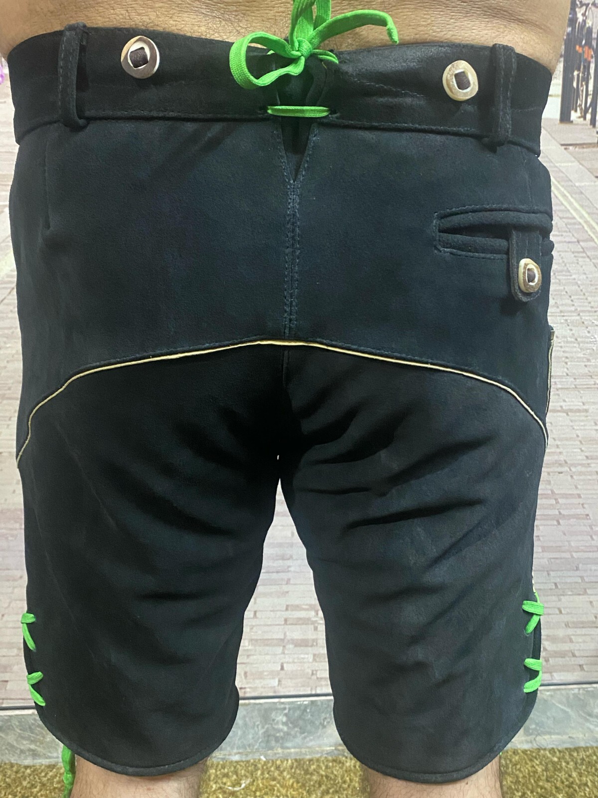 Suspenders – Black Cow Leather Lederhosen for Men with Green Embroidery Shorts