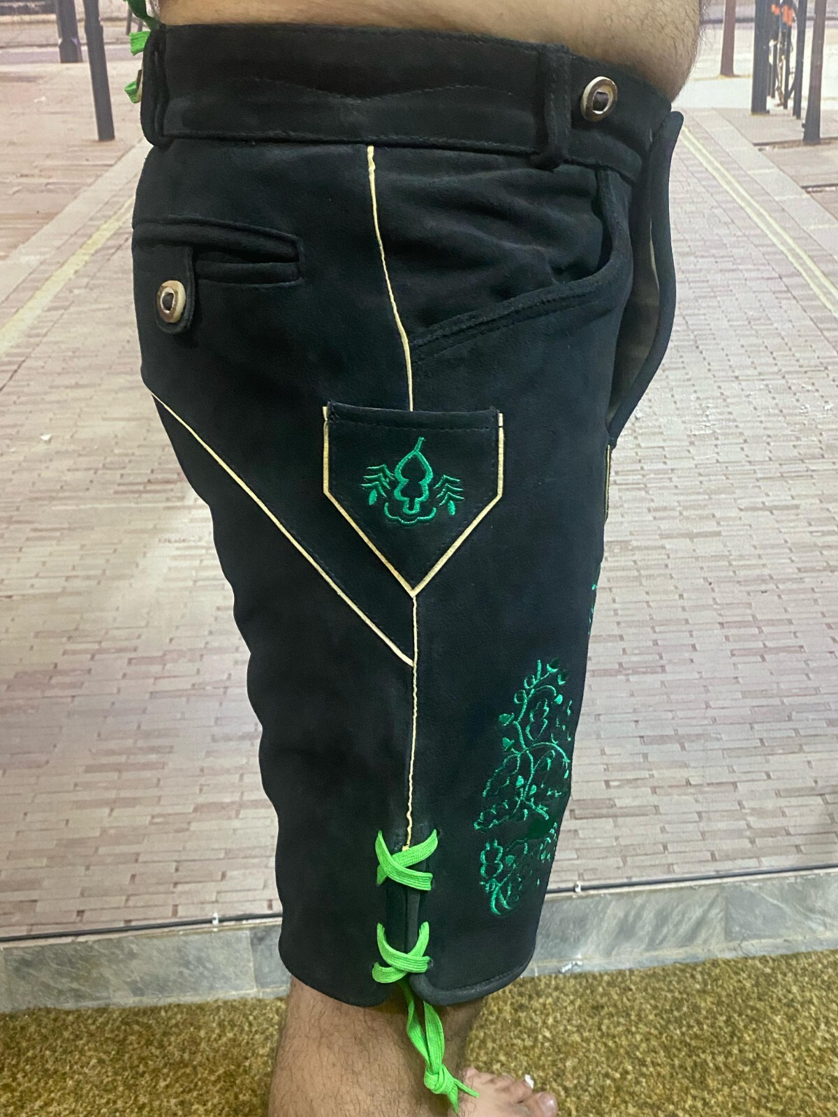 Suspenders – Black Cow Leather Lederhosen for Men with Green Embroidery Shorts