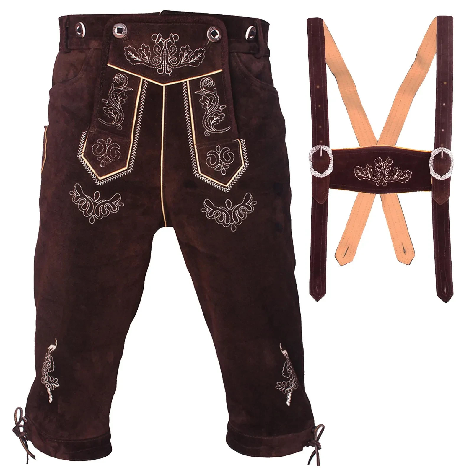 Mens Kniebundhosen Suede Leather Lederhosen Bavarian Trachten Shorts& Suspenders