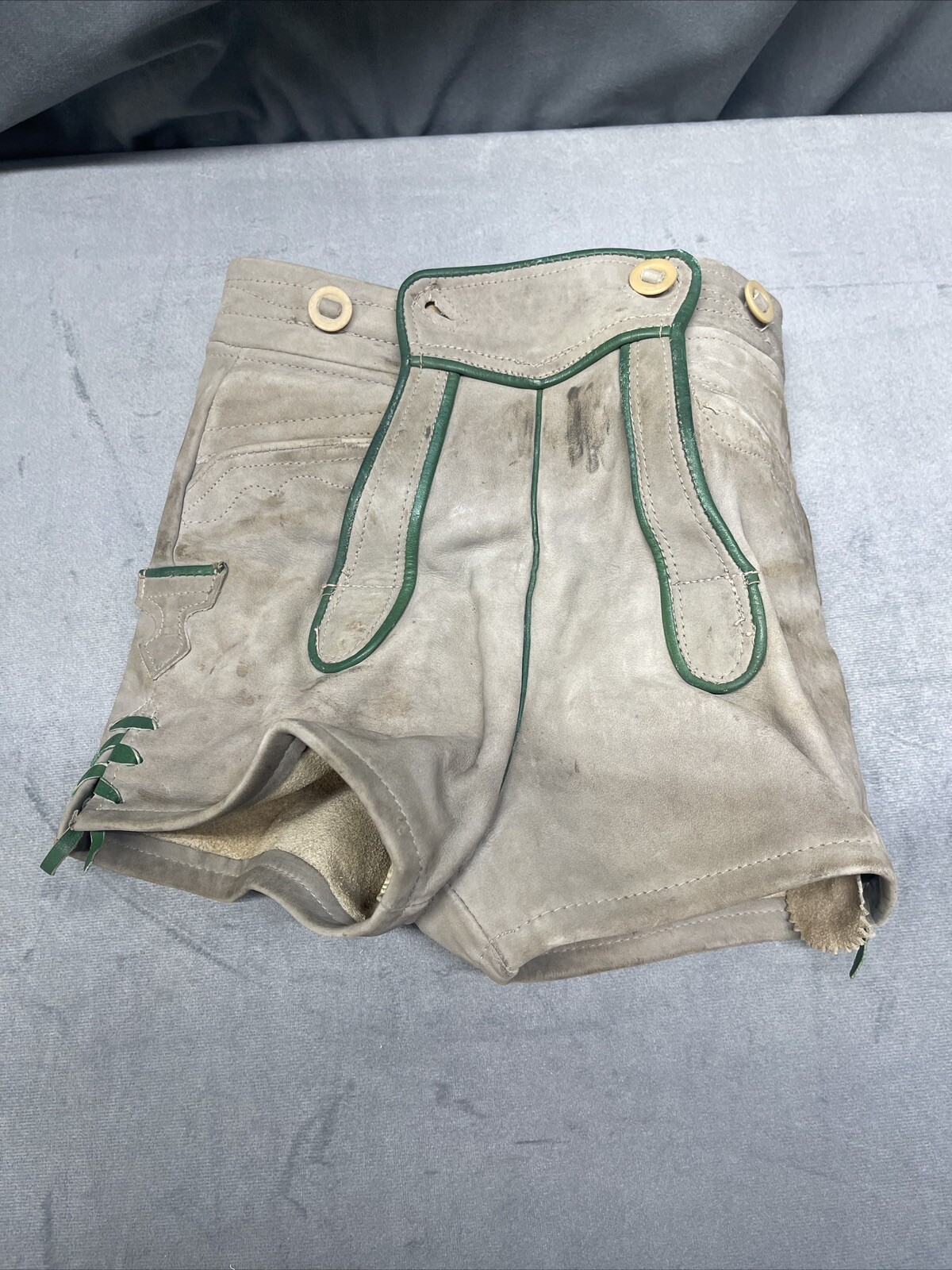 Vintage 60’s 70’s Lederhosen Grey Suede Leather Shorts Child No Size Dirty