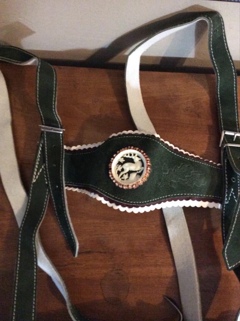Vintage Leather Lederhosen with Suspenders. Octoberfest Deer Emblem