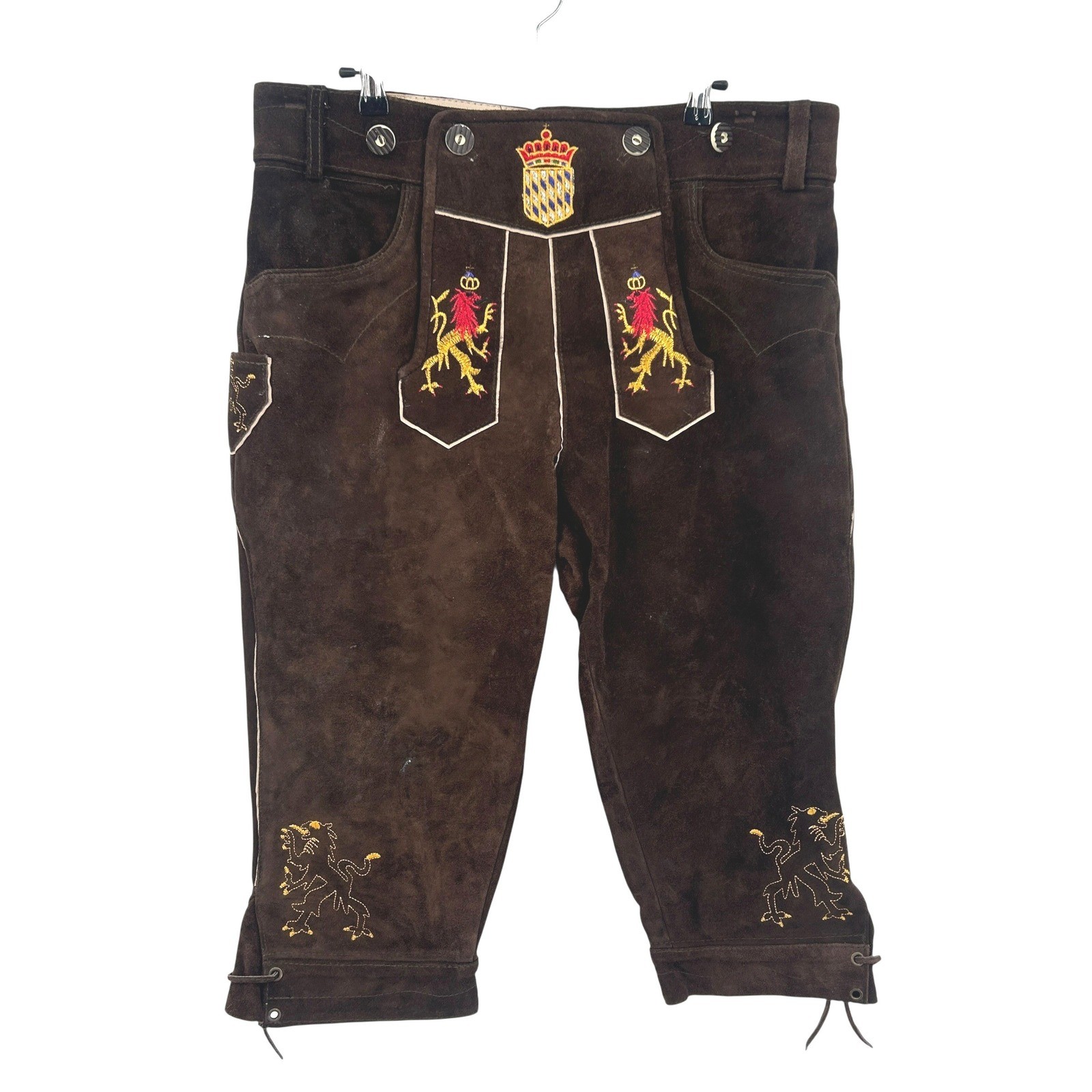 German Lederhosen 52 Brown Leather Embroidered Lions Oktoberfest Heritage 36-38