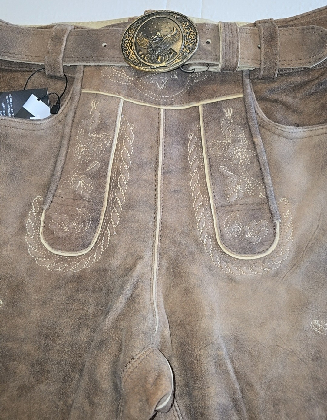 Men’s Costume Lederhosen Oktoberfest Pants Real Leather Brown with Belt Size,56