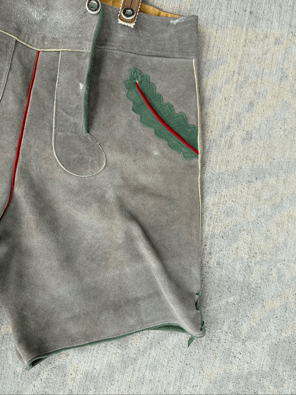 Vintage German Bavarian Lederhosen Gray Suede Leather Shorts with Suspenders