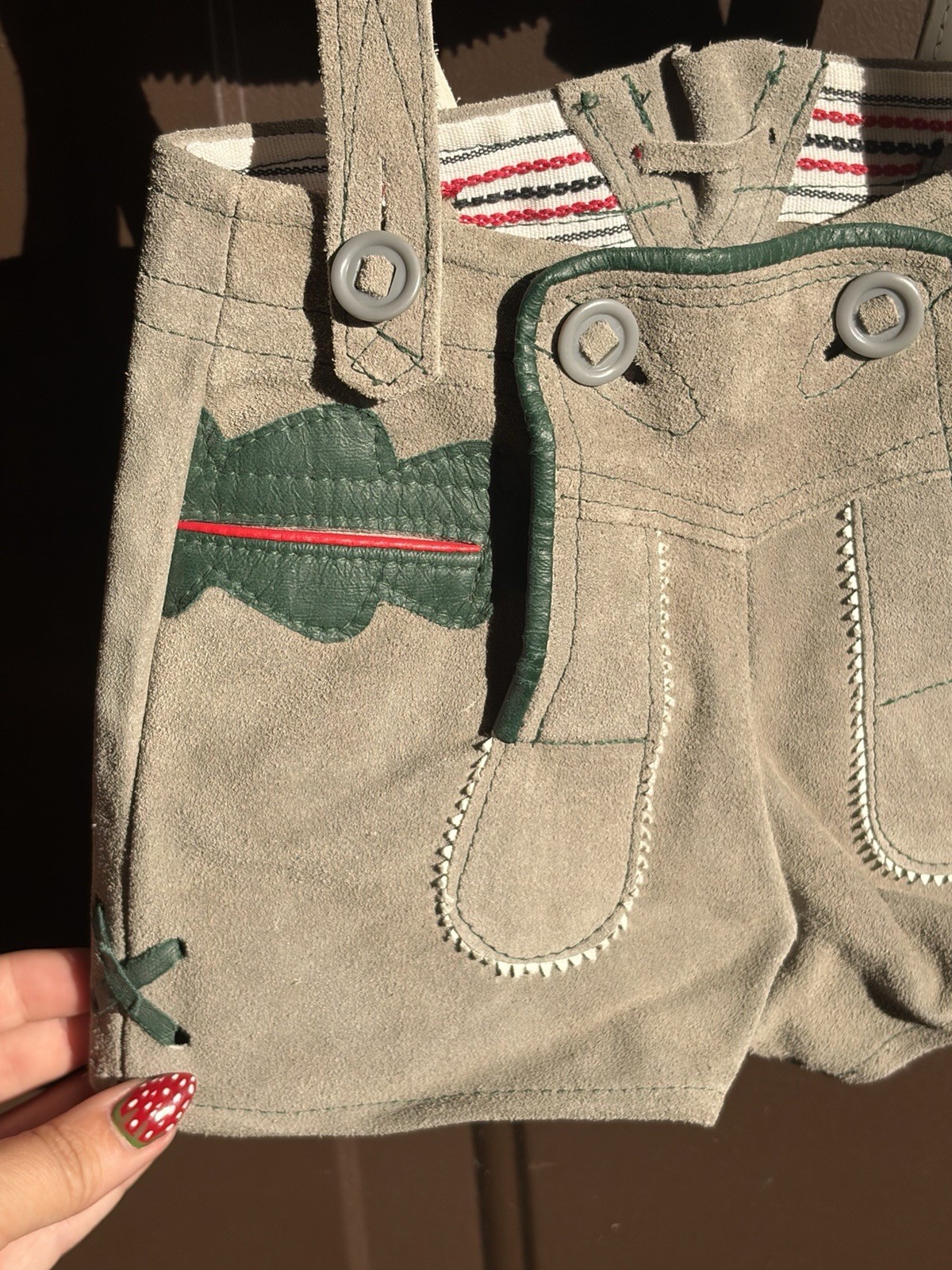 Vintage Germany Boy Child Suede Leather Lederhosen Gray Green Oktoberfest