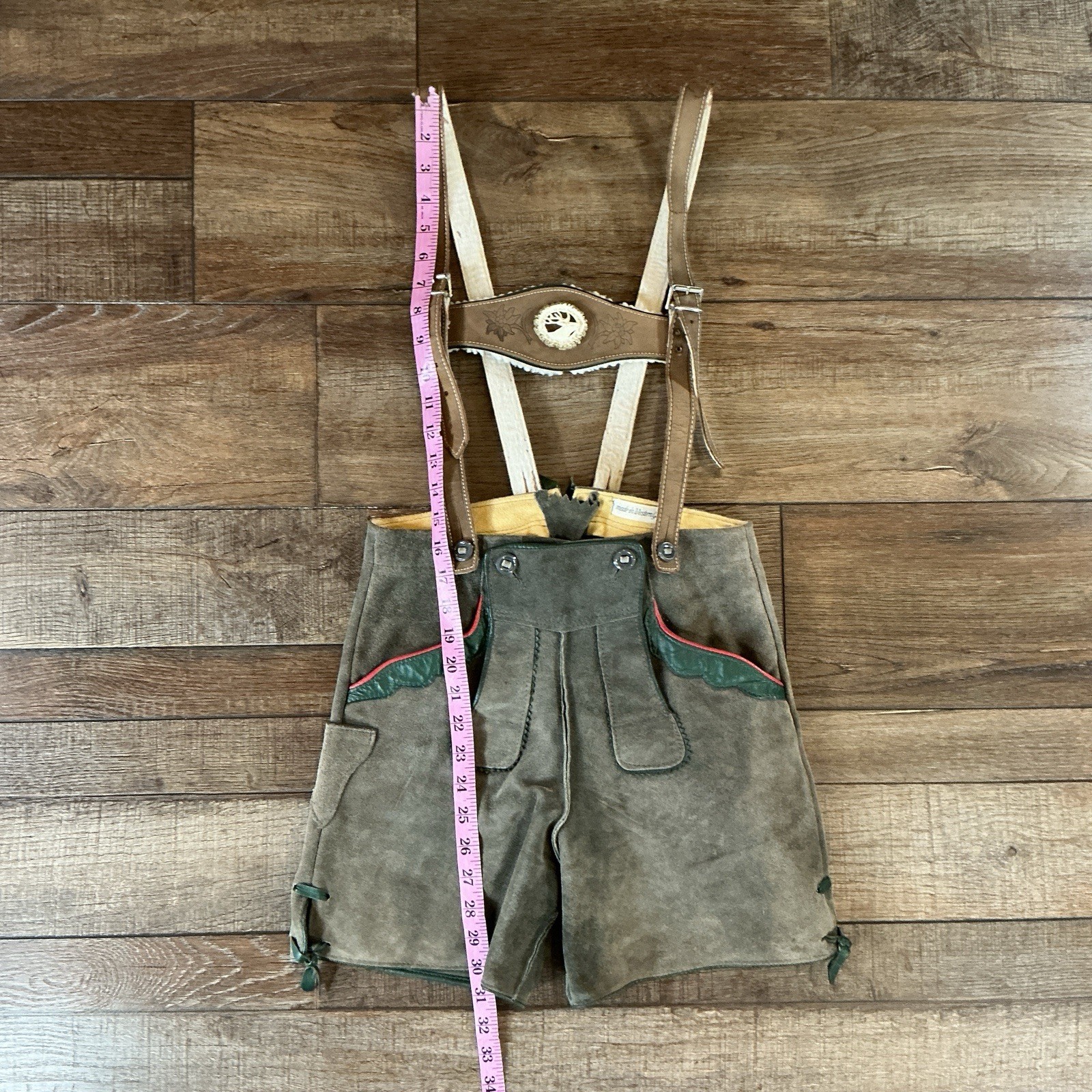 VTG Western Germany Suede Lederhosen W27 Suspenders Edelweiss Oktoberfest #12E6