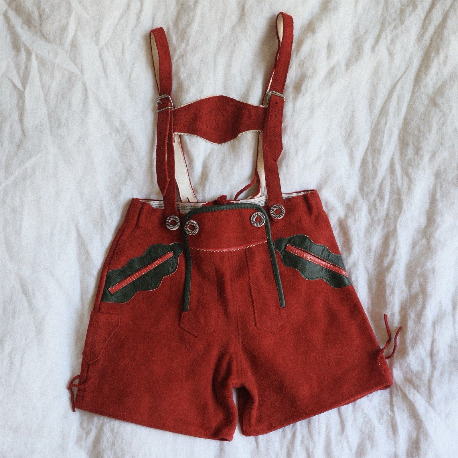 Vintage German Red Lederhosen Kids 7T 8T | Suede Shorts Oktoberfest Halloween