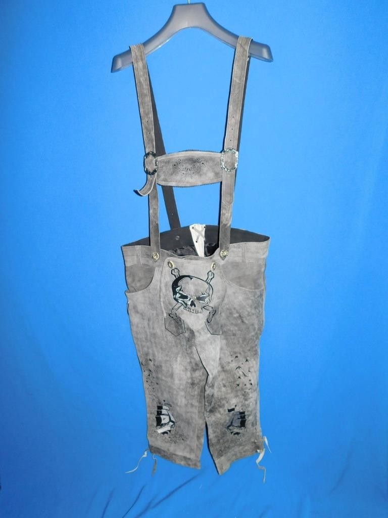 German Lederhosen US Size 36 Gray Suede Pirate Ship Skull Pants Knickers Costume