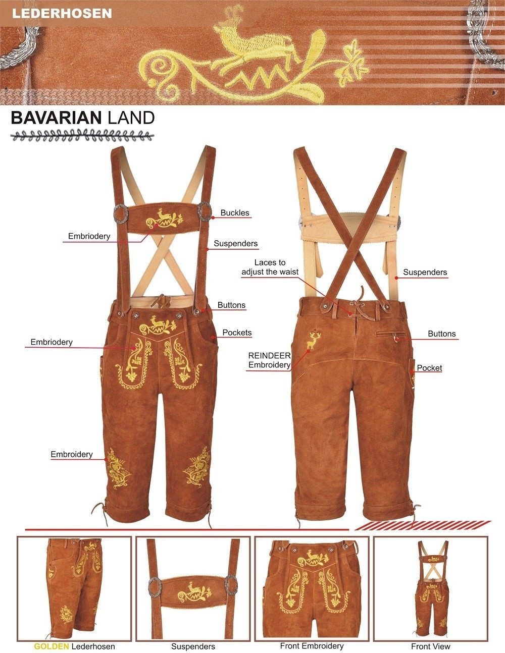 German Oktoberfest Long Bavarian Lederhosen Real Leather Matching Suspenders New