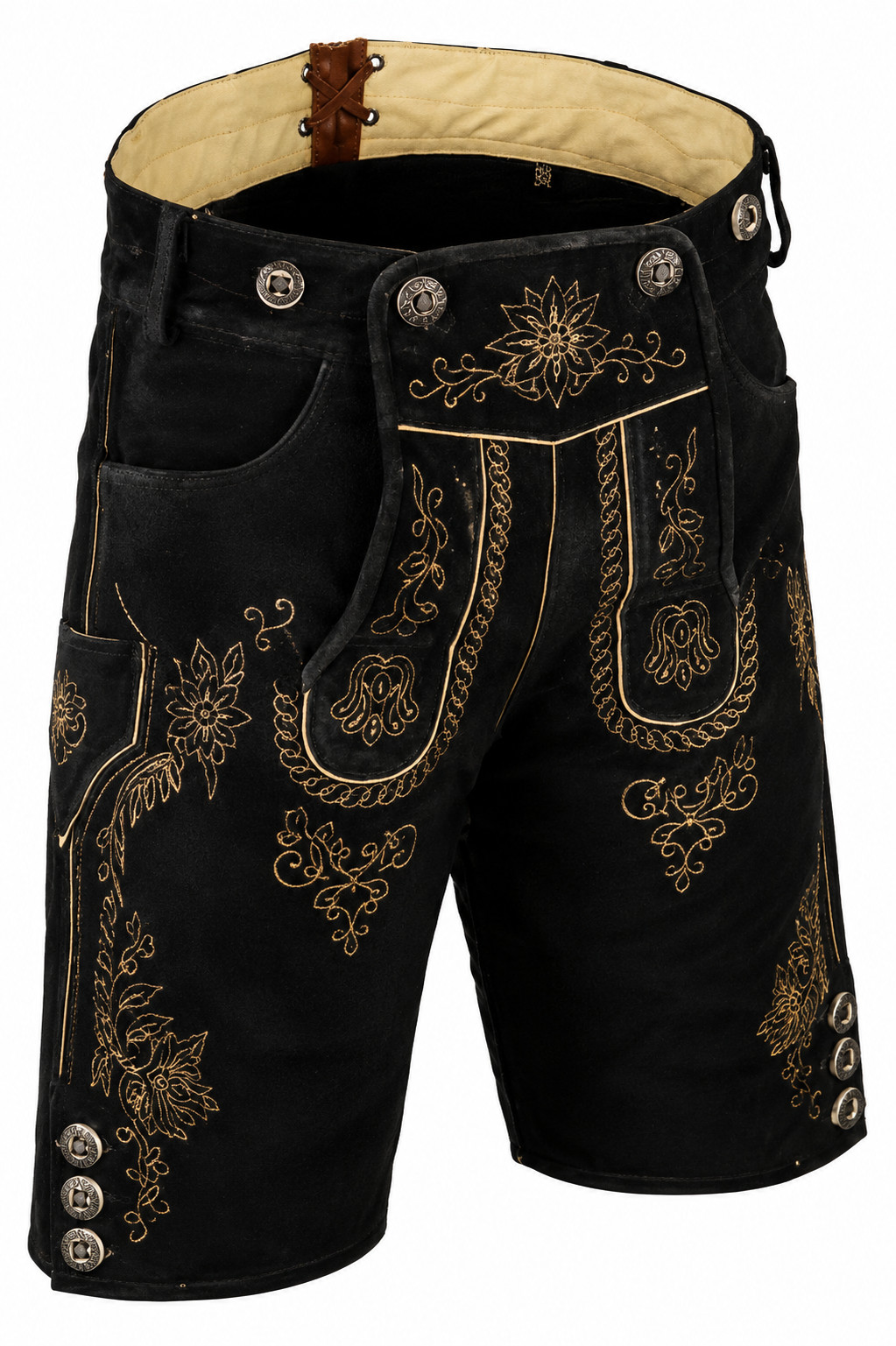 Men’s Black Lederhosen Shorts with Gold Floral Embroidery Antique Metal Buttons