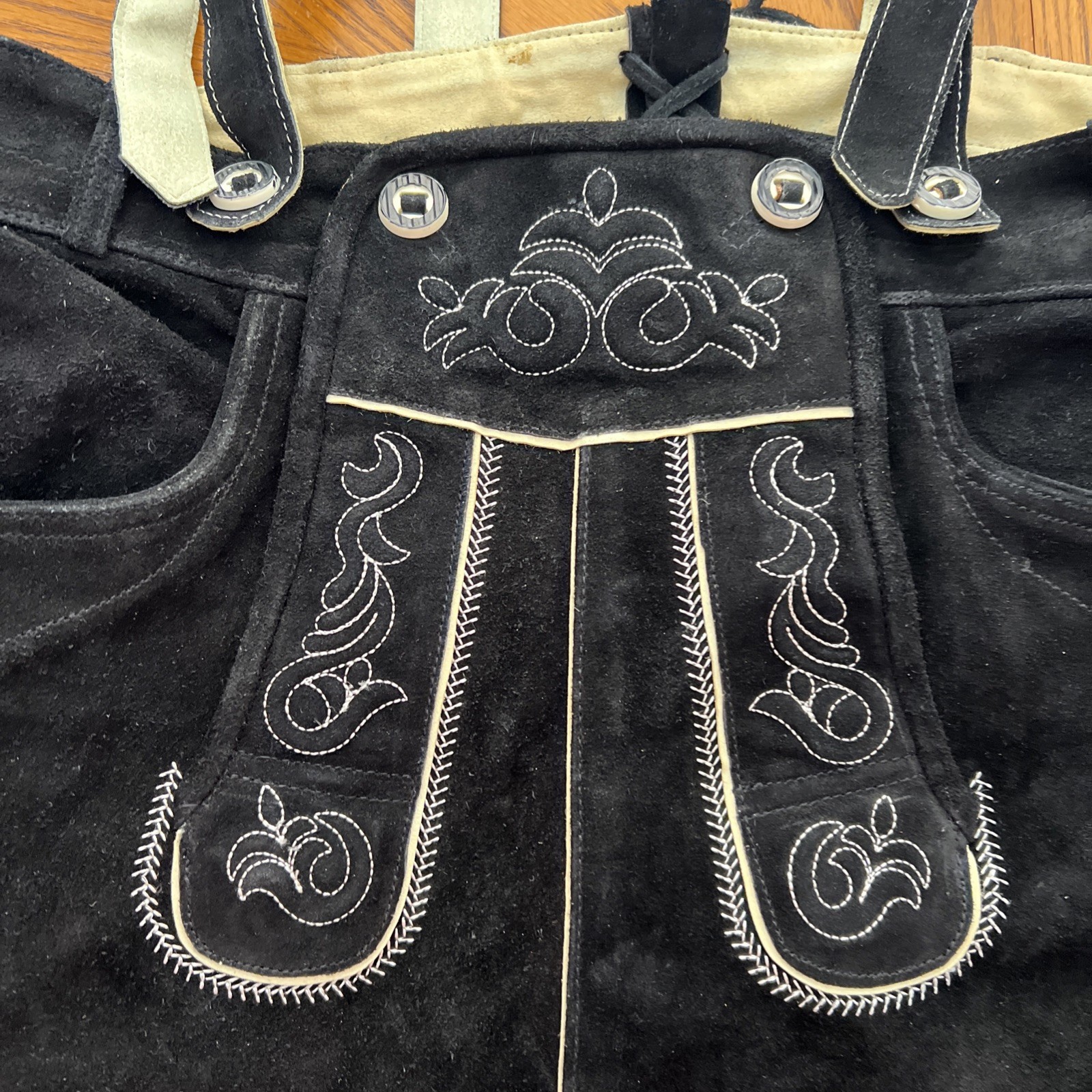 Men’s Genuine Leather Lederhosen Size 54 Black Bavarian Shorts And Suspenders