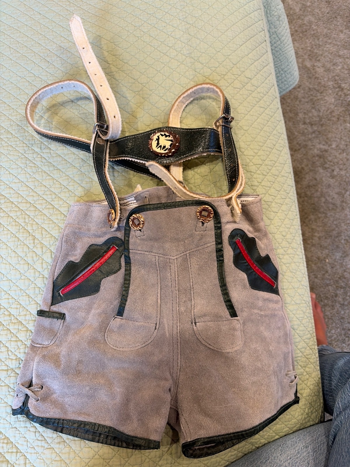 Vintage Hosbechtl Kids Leather Lederhosen w/ Suspenders Gray Suede German Tracht