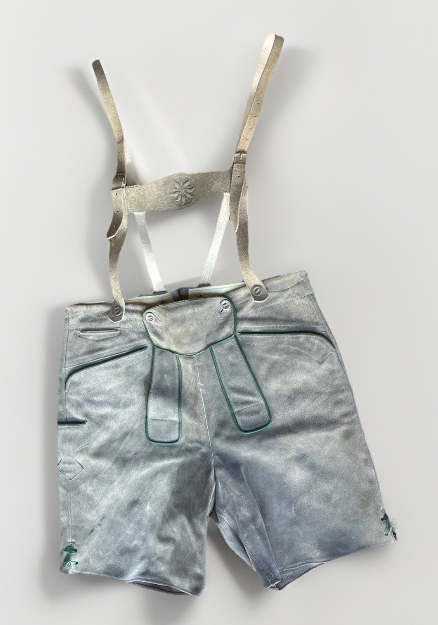 Vintage Lederhosen Men’s Leather Shorts 50 (39 Waist) XL Gray Suede Suspenders