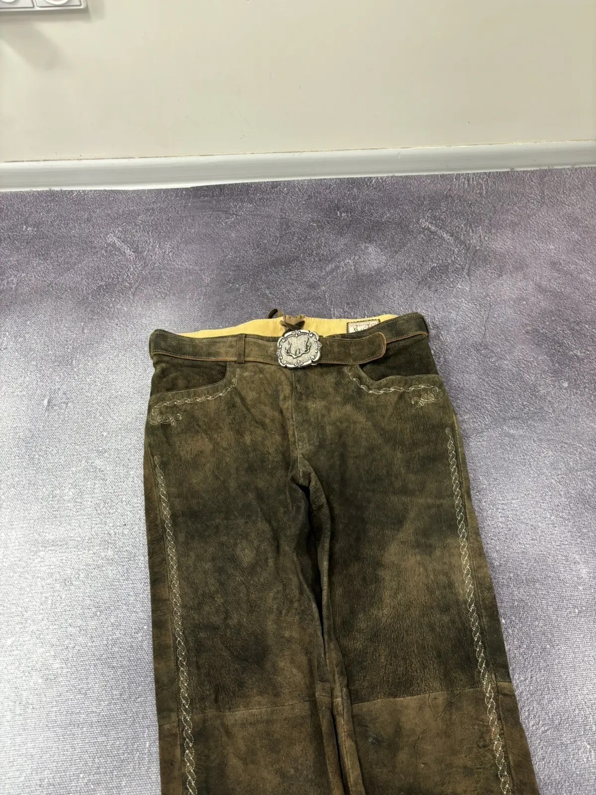 Stockerpoint Lederhosen Rocco Men’s Trachten Brown Leather Pants Belt 50EU/34US