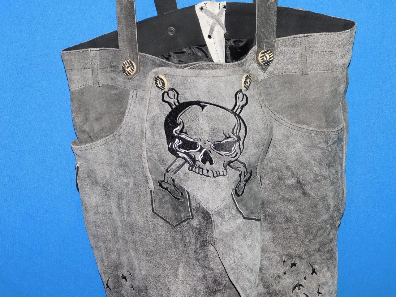 German Lederhosen US Size 36 Gray Suede Pirate Ship Skull Pants Knickers Costume