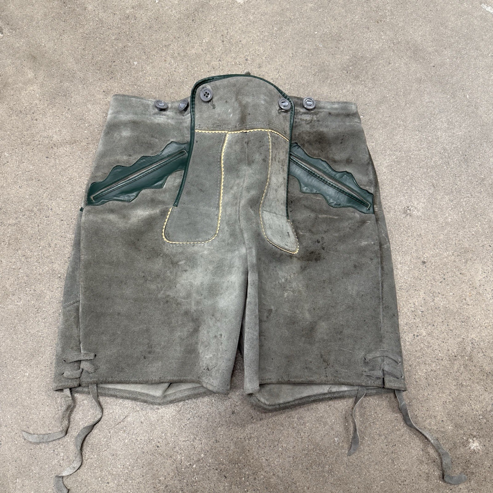 Vintage Lederhosen Leather German Bib Germany Suede Shorts Green Heavy Riding 30