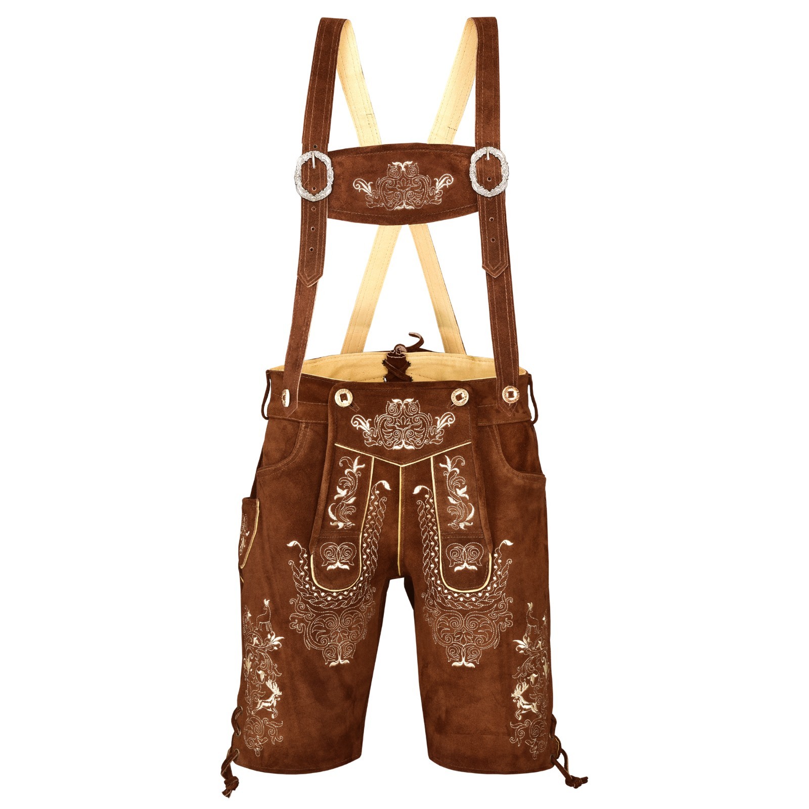 Men Traditional Leather Oktoberfest Lederhosen (Brown, Black, Gold, Med Brown)