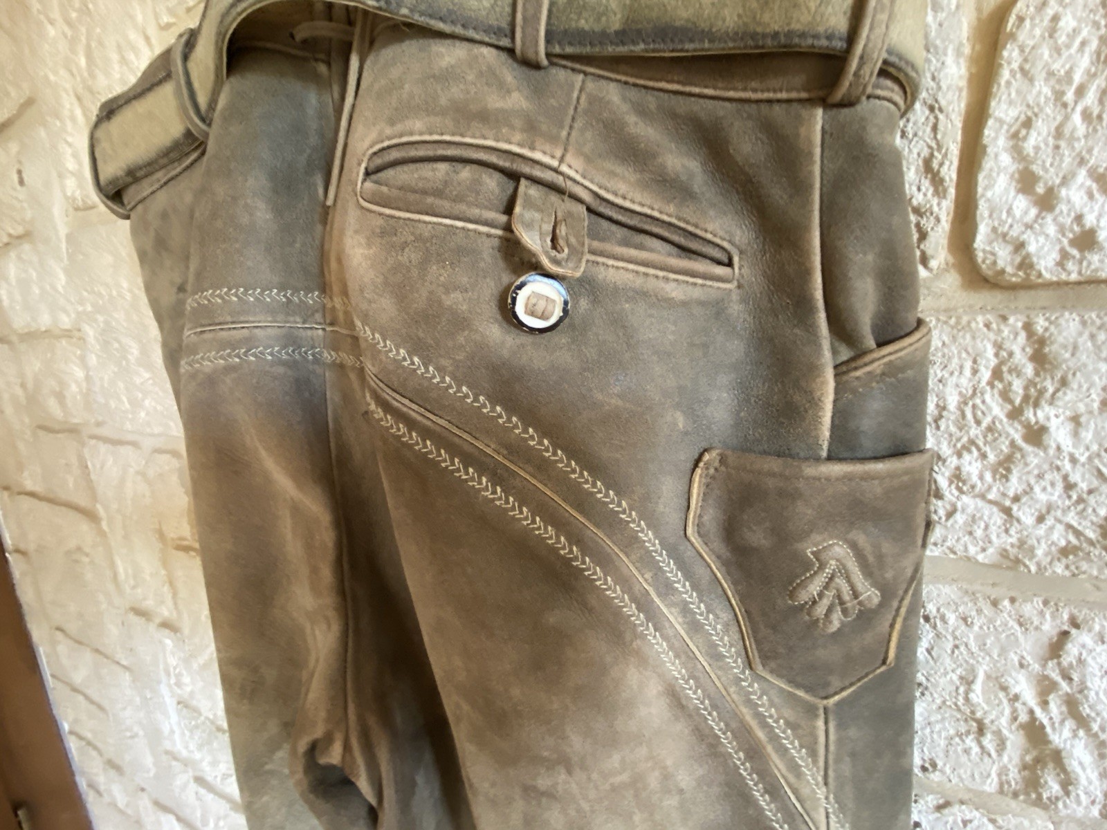 Traditional Lederhosen Short Men’s Size 52 Brown Genuine Leather Set + Belt Suspenders