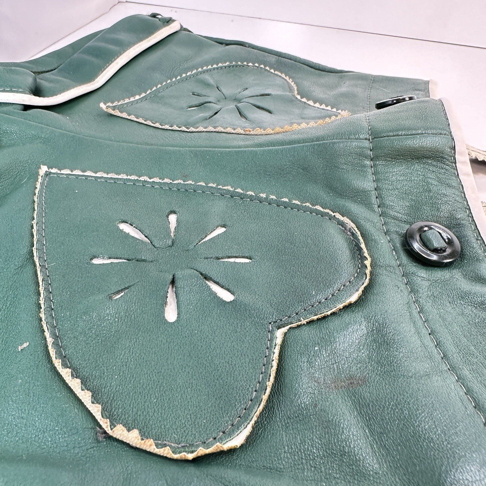 Vintage Green Leather Heart Lederhosen Child Size (see photos for measurements)