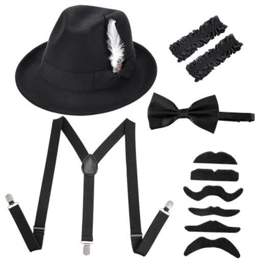 1920s Mens Costume Retro Gatsby Gangster Accessories Set Fedora Hat Black