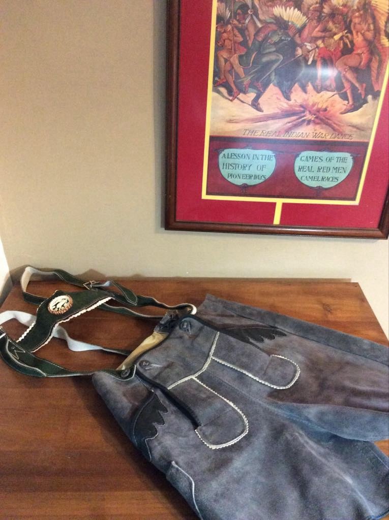 Vintage Leather Lederhosen with Suspenders. Octoberfest Deer Emblem