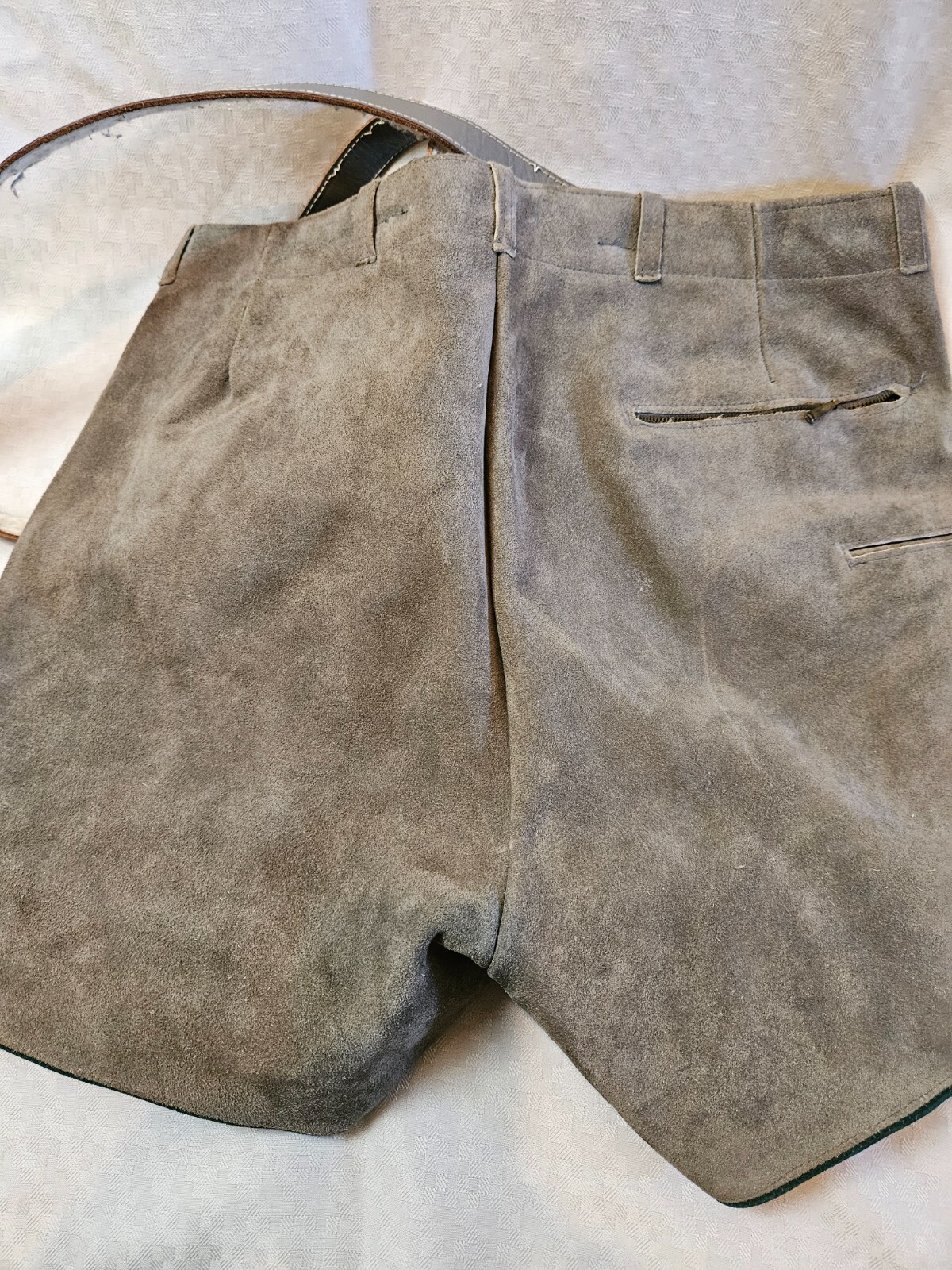 Vintage Lederhosen gray-brown color suede leather, green accent