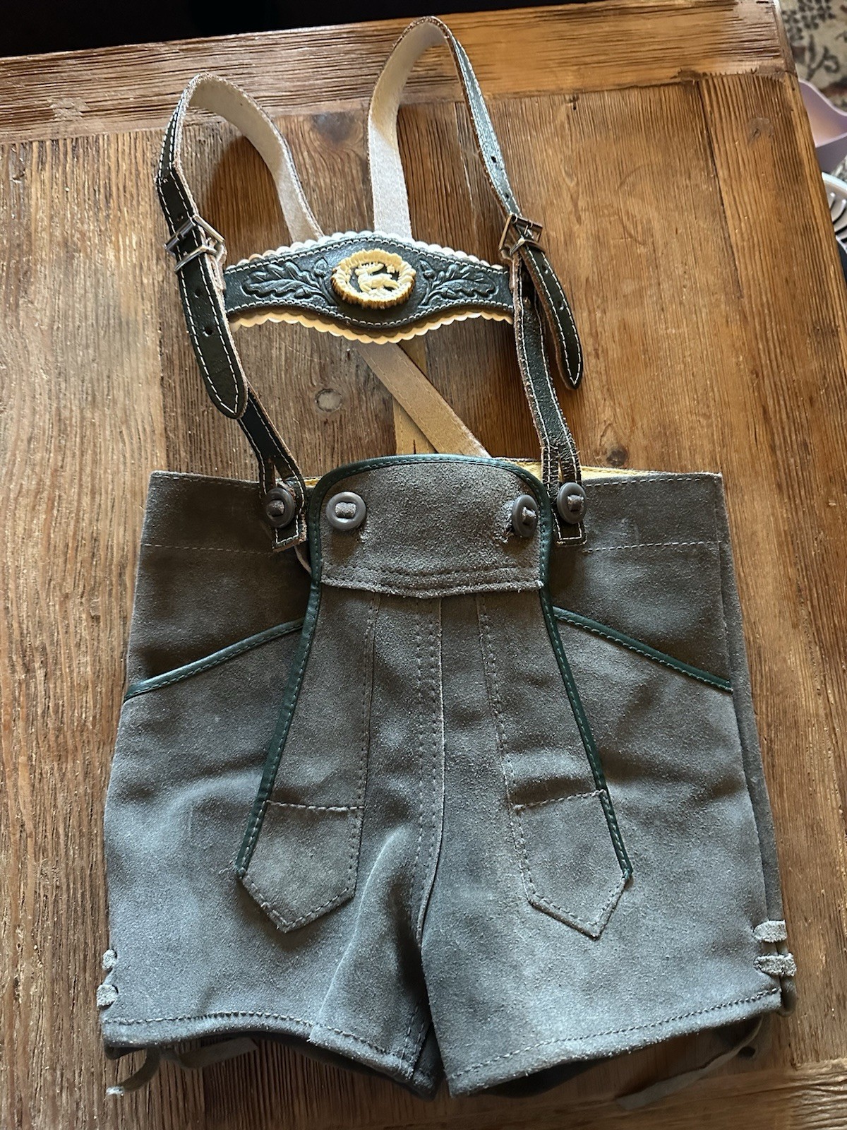 Vintage German Lederhosen Original Suspenders Grey Size 80 Child 12-18 Months US