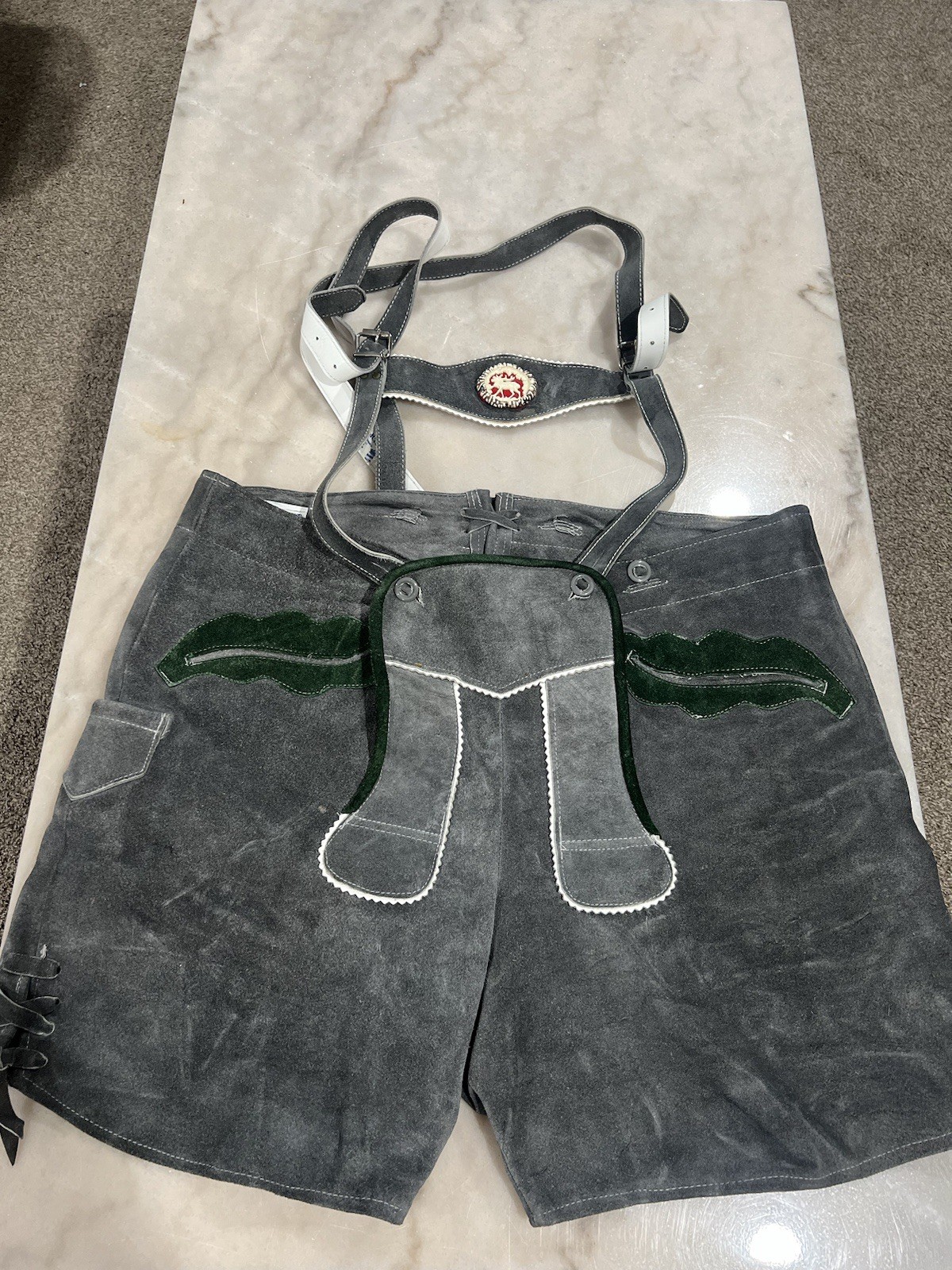 Vintage Ernst Licht Grey/Green Lederhosen Leather Shorts/Suspenders Men’s Sz 44