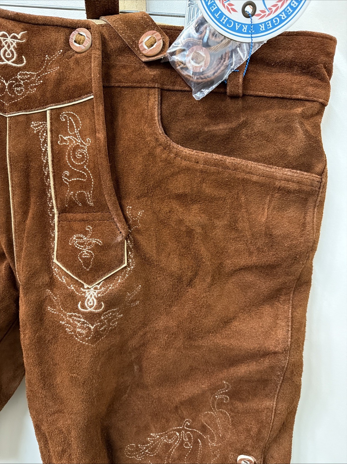 NEW Schonberger Trachten Mens Sz 44” Lederhosen Brown Suede Lamb Leather German