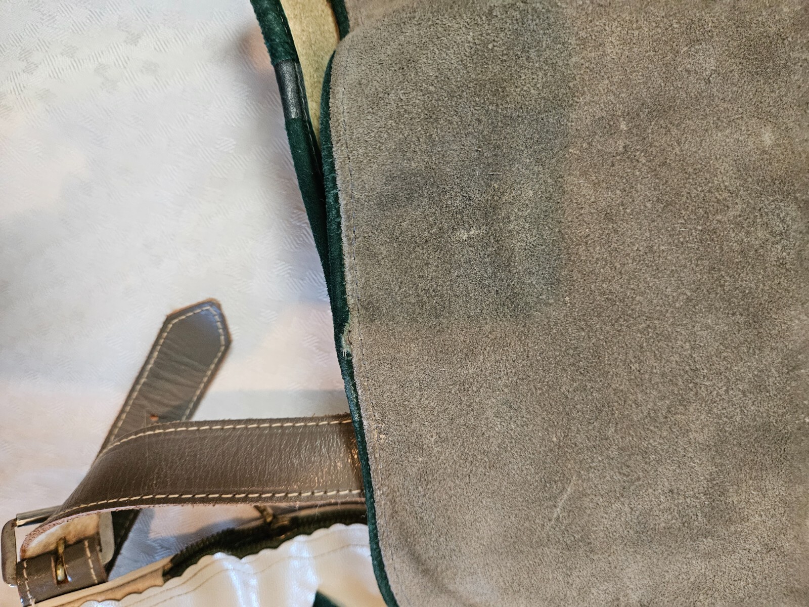 Vintage Lederhosen gray-brown color suede leather, green accent