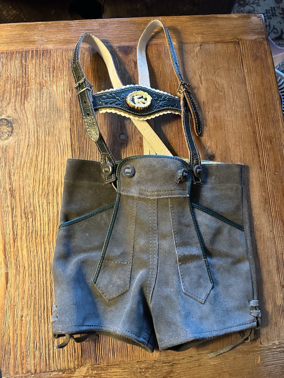 Vintage German Lederhosen Original Suspenders Grey Size 80 Child 12-18 Months US