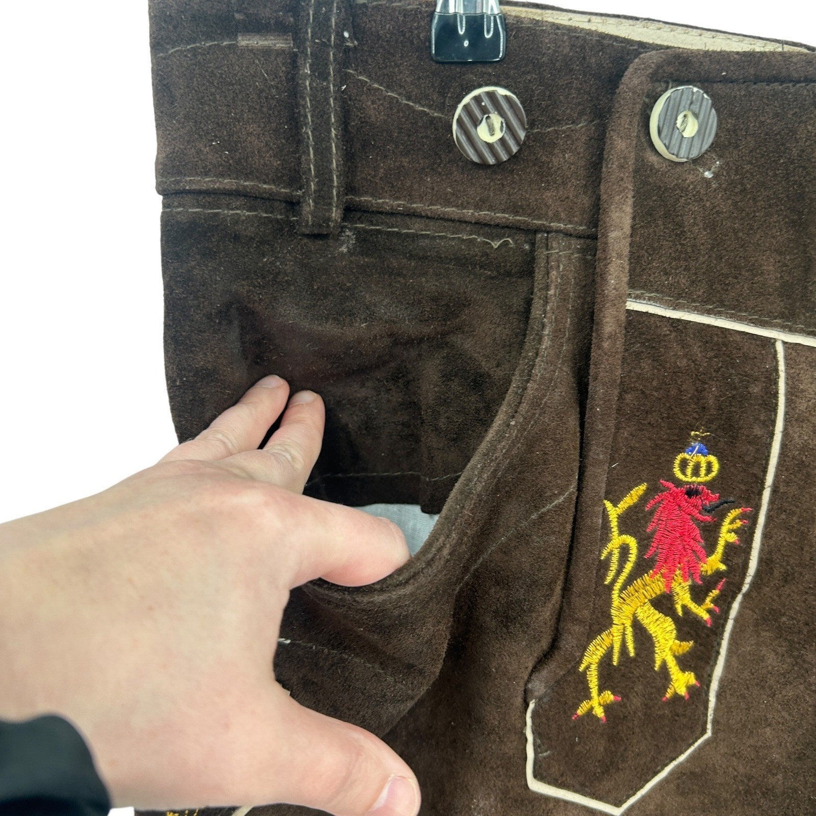 German Lederhosen 52 Brown Leather Embroidered Lions Oktoberfest Heritage 36-38