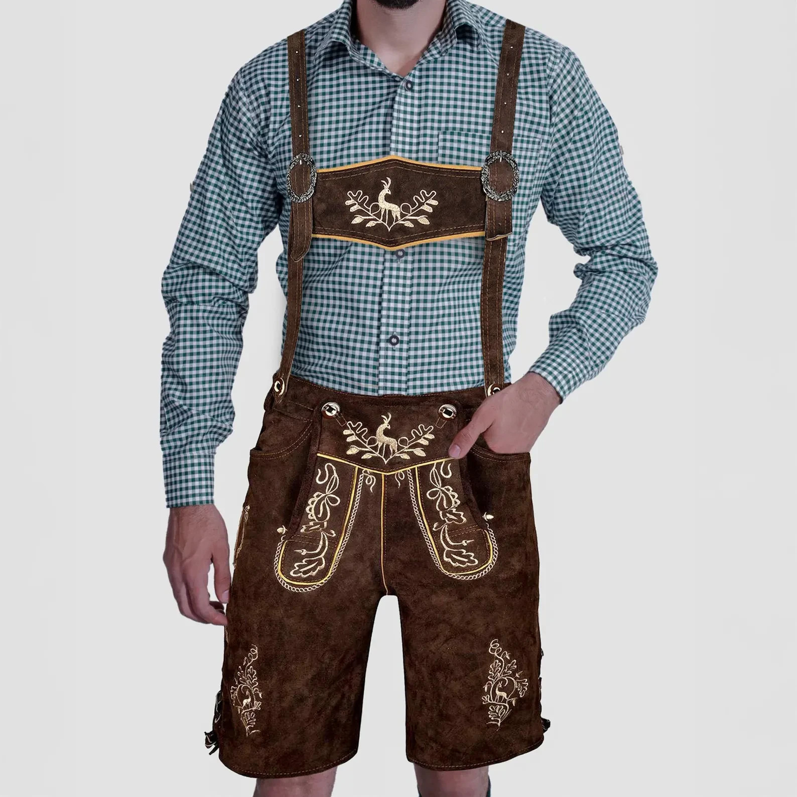 Men’s German Lederhosen Oktoberfest Outfit Brown Suede Embroidered Shorts