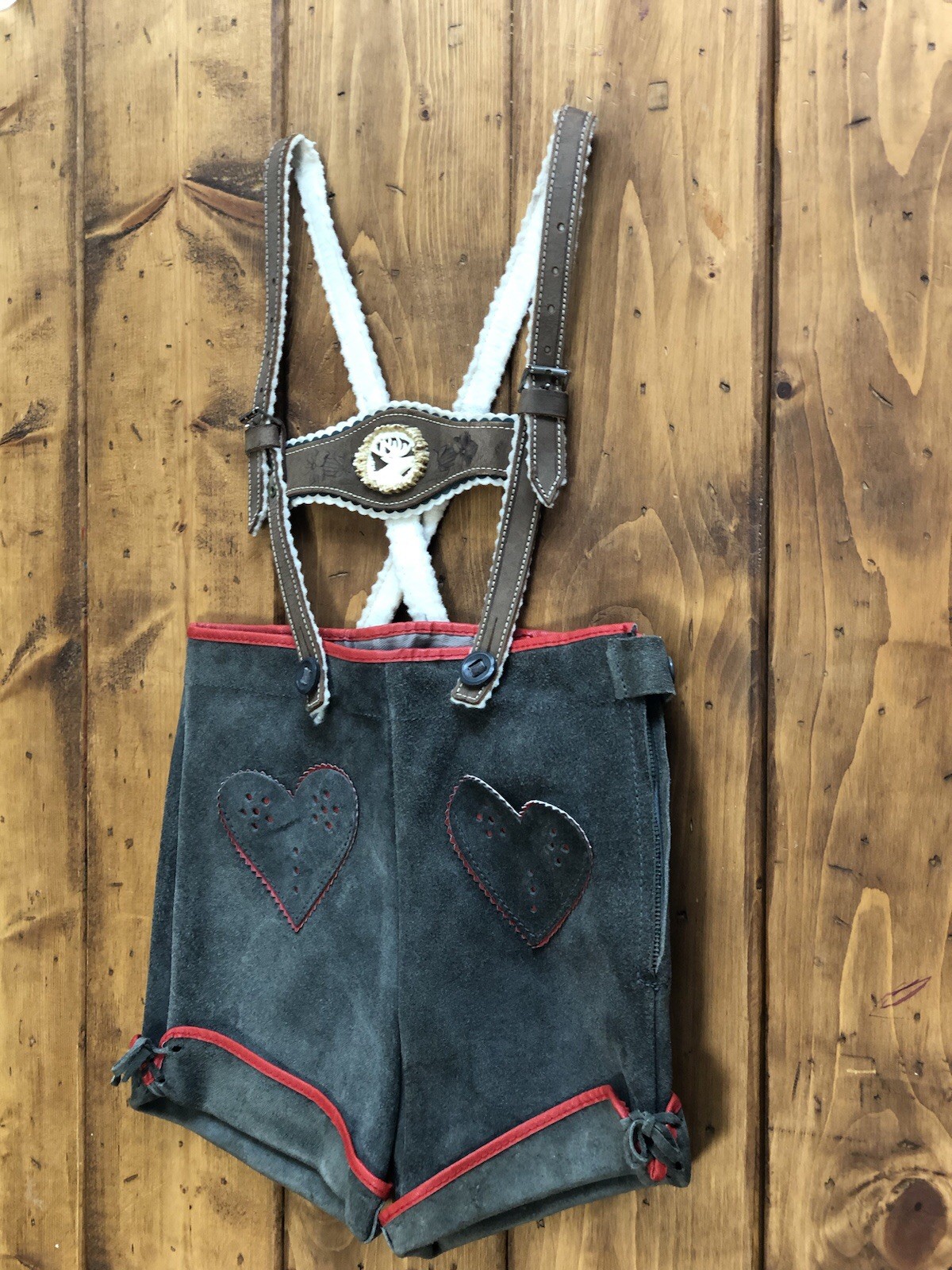 Vintage Austrian Child’s Leather Lederhosen Brown Deer Bust with heart pockets