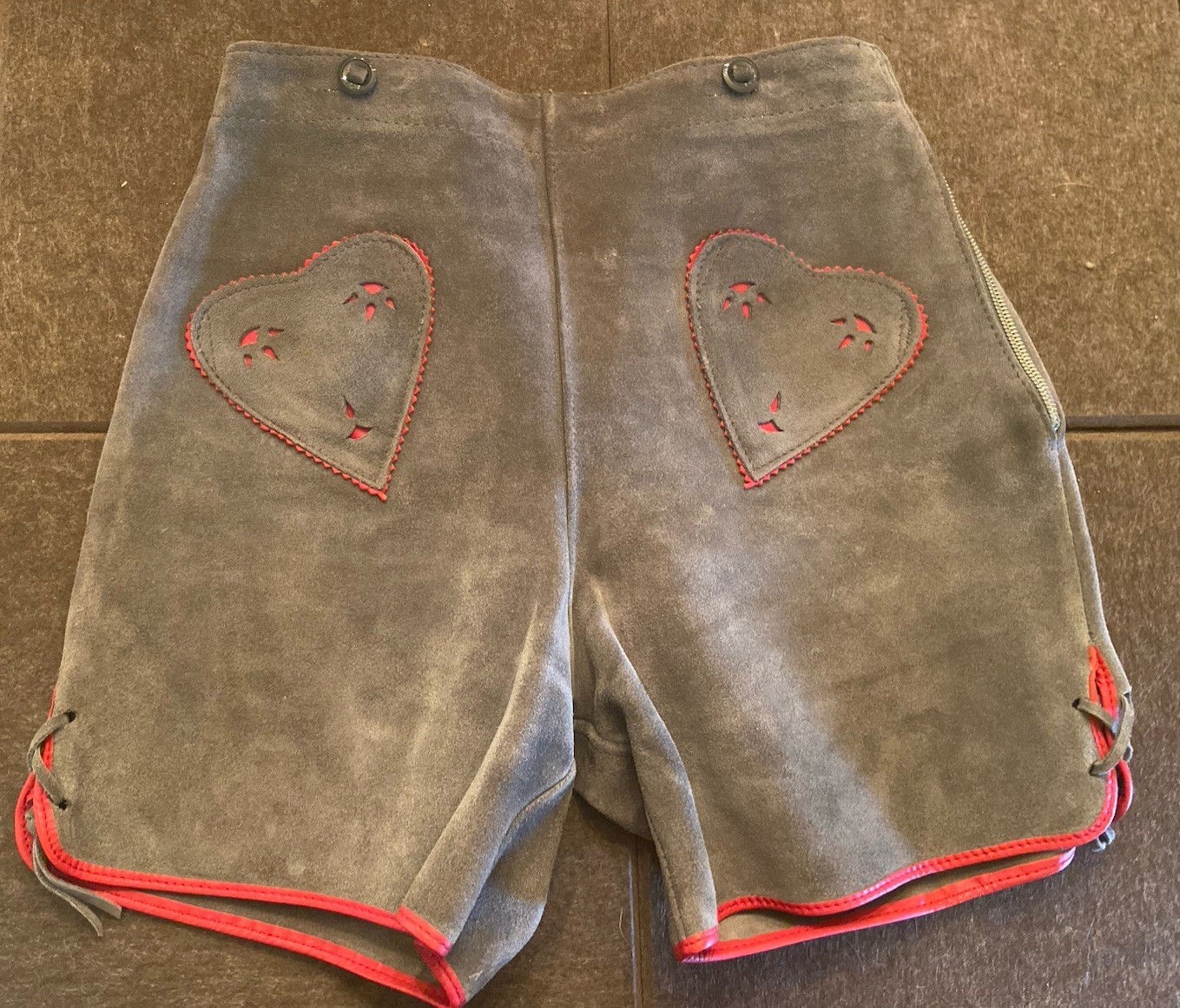 Vintage Suede Shorts Bavarian Lederhosen 13 inch Waist Heart Pockets Hot Buns