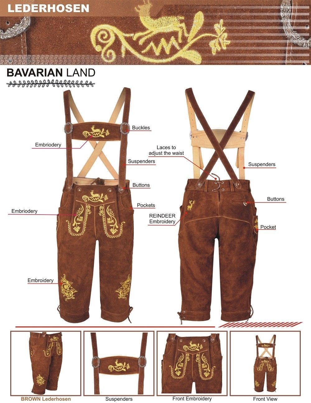 German Oktoberfest Long Bavarian Lederhosen Real Leather Matching Suspenders New