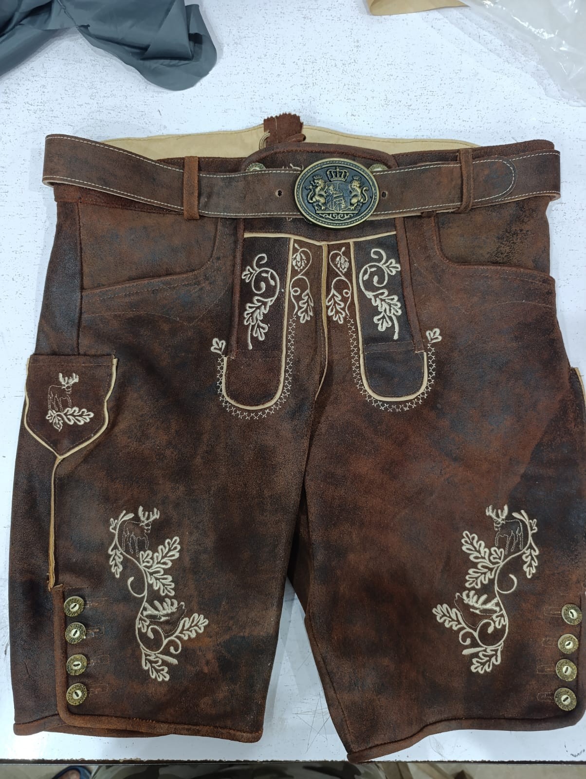 Men’s Lederhosen Shorts Genuine Leather Brown Bavarian Oktoberfest Embroidered