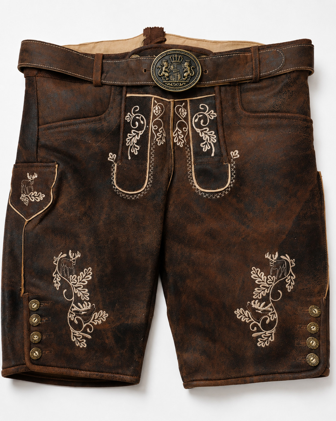 Men’s Lederhosen Shorts Genuine Leather Brown Bavarian Oktoberfest Embroidered