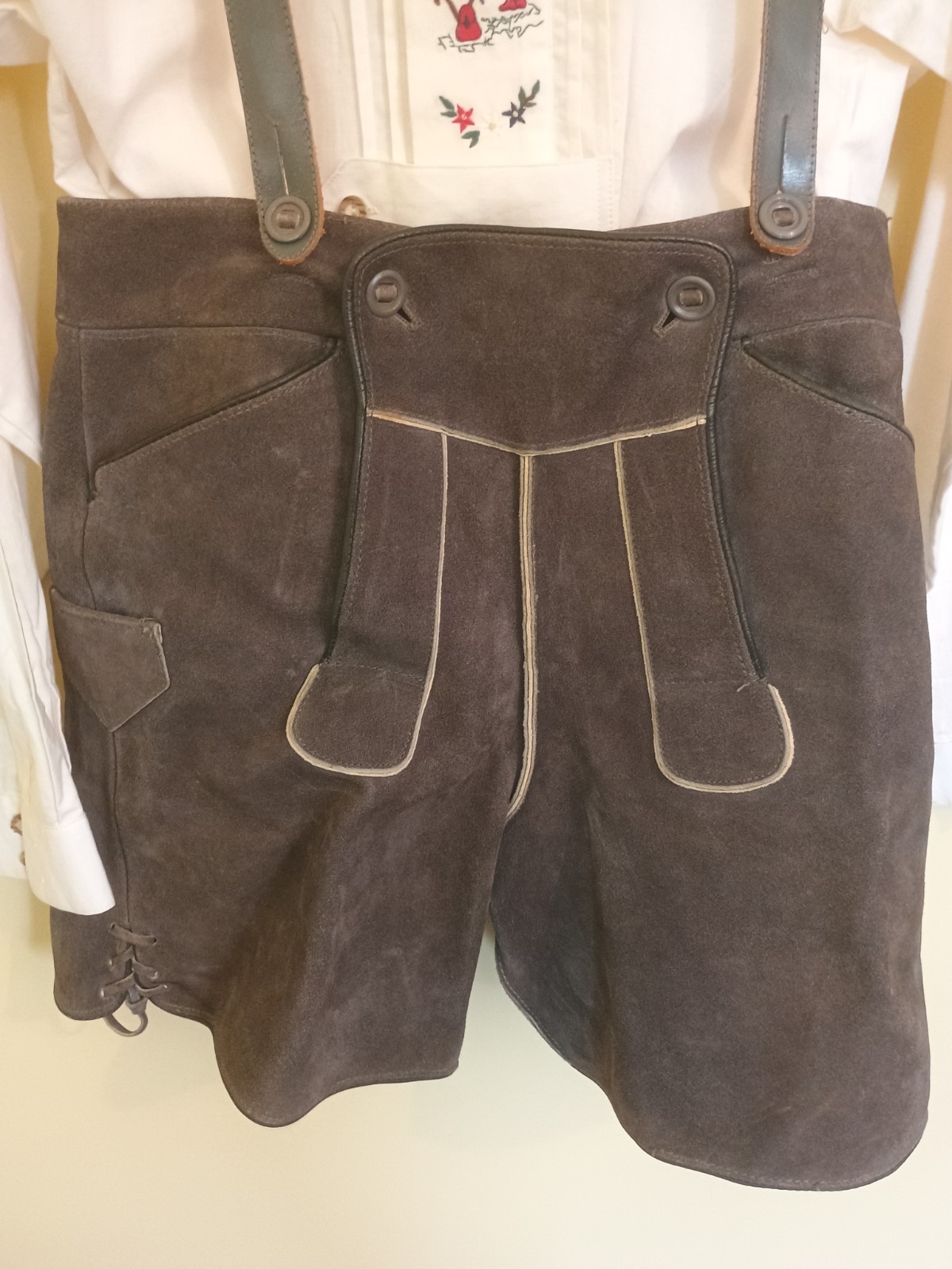 Vintage Traditional Teen Size 32 Suede Lederhosen With Hammerschmid Shirt