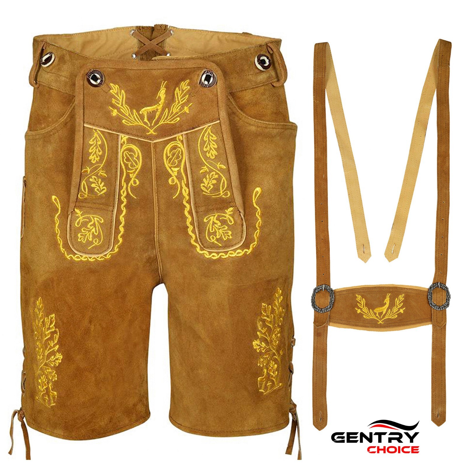 Men’s Suede Lederhosen Nowitzki Golden Brown Oktoberfest Costume German Outfit