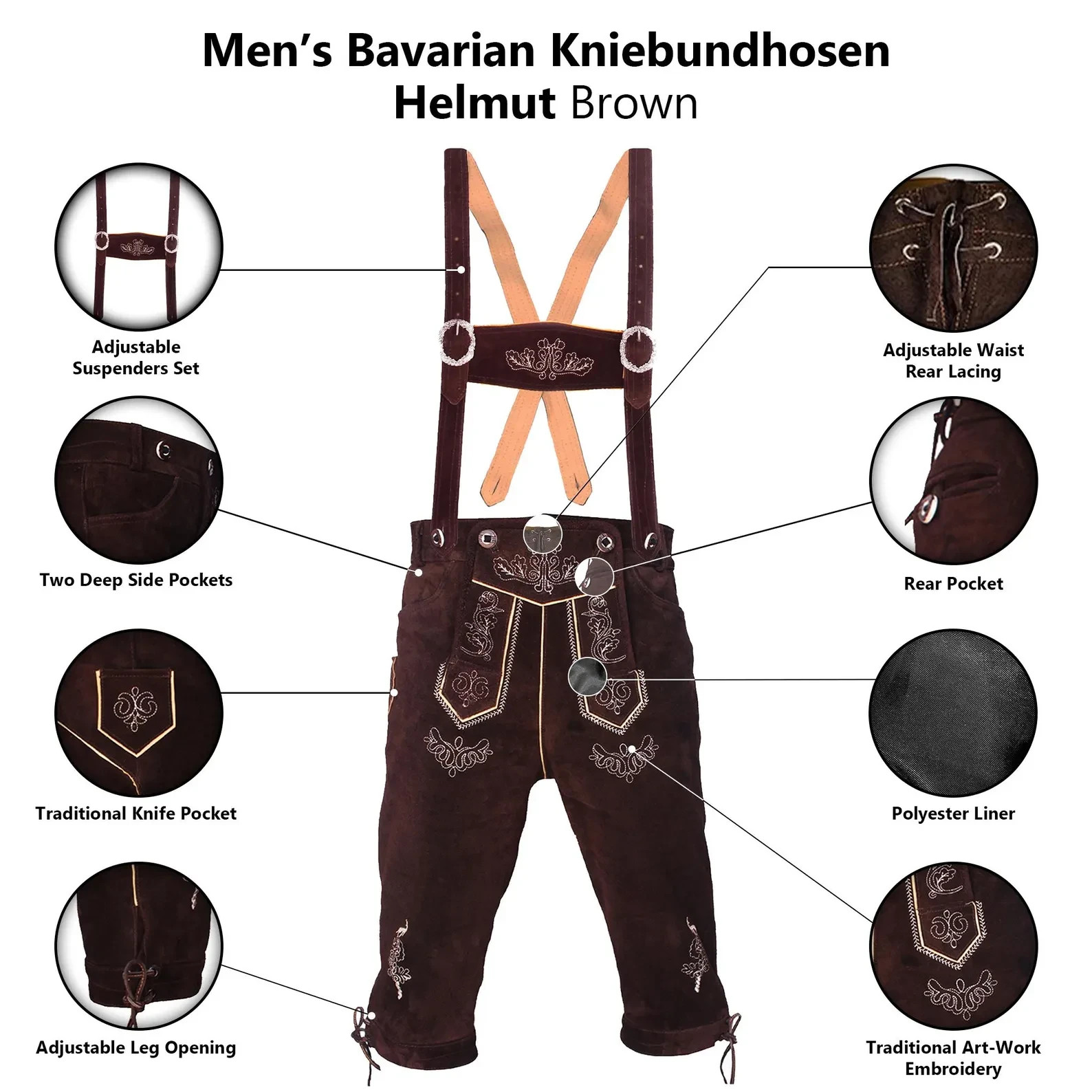 Mens Kniebundhosen Suede Leather Lederhosen Bavarian Trachten Shorts& Suspenders