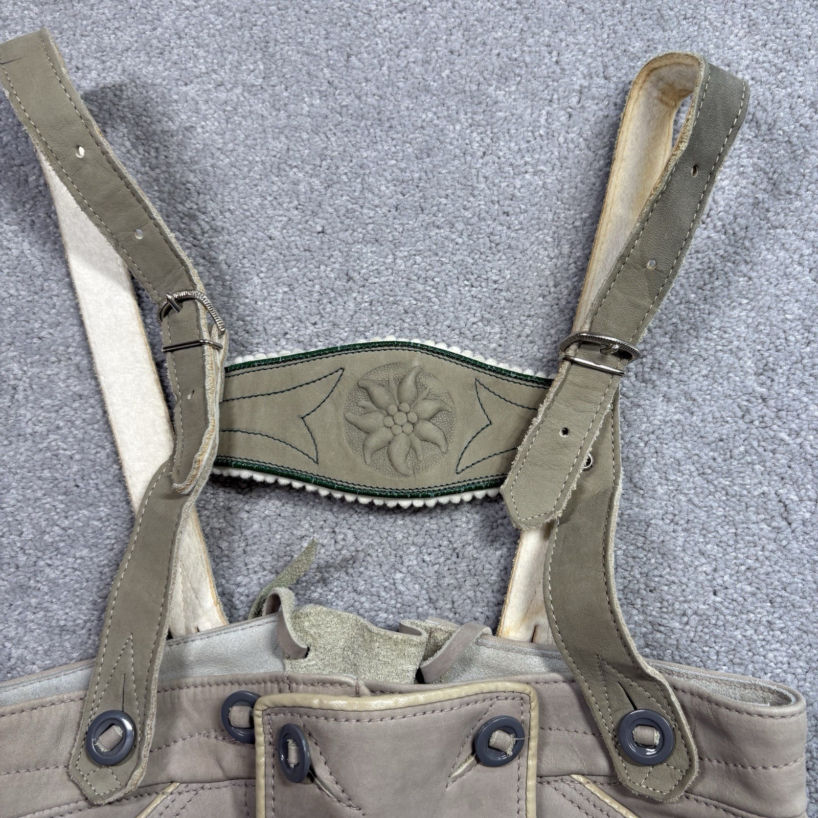1960s German Lederhosen Leather Suede Overalls KIDS Size 6 Green Gray Embroidery