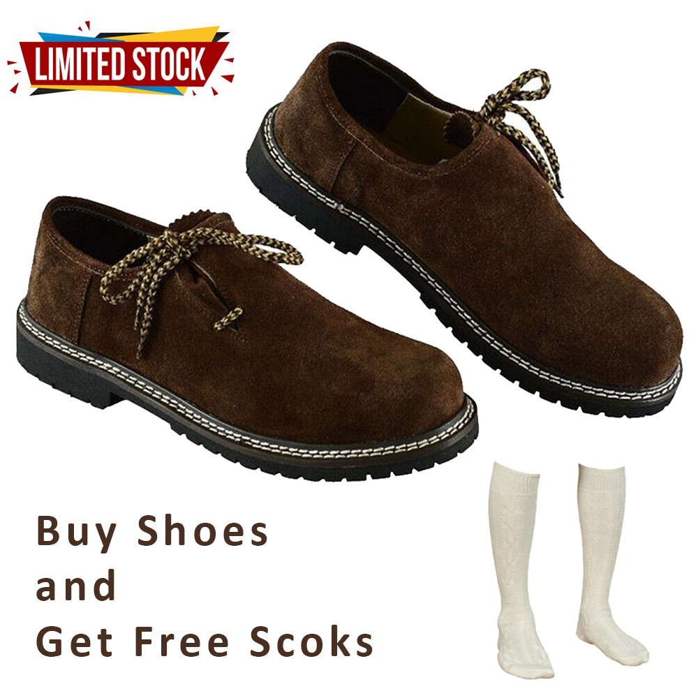Dark Brown Bavarian Shoes Oktoberfest Lederhosen German Suede Shoes + Free Socks