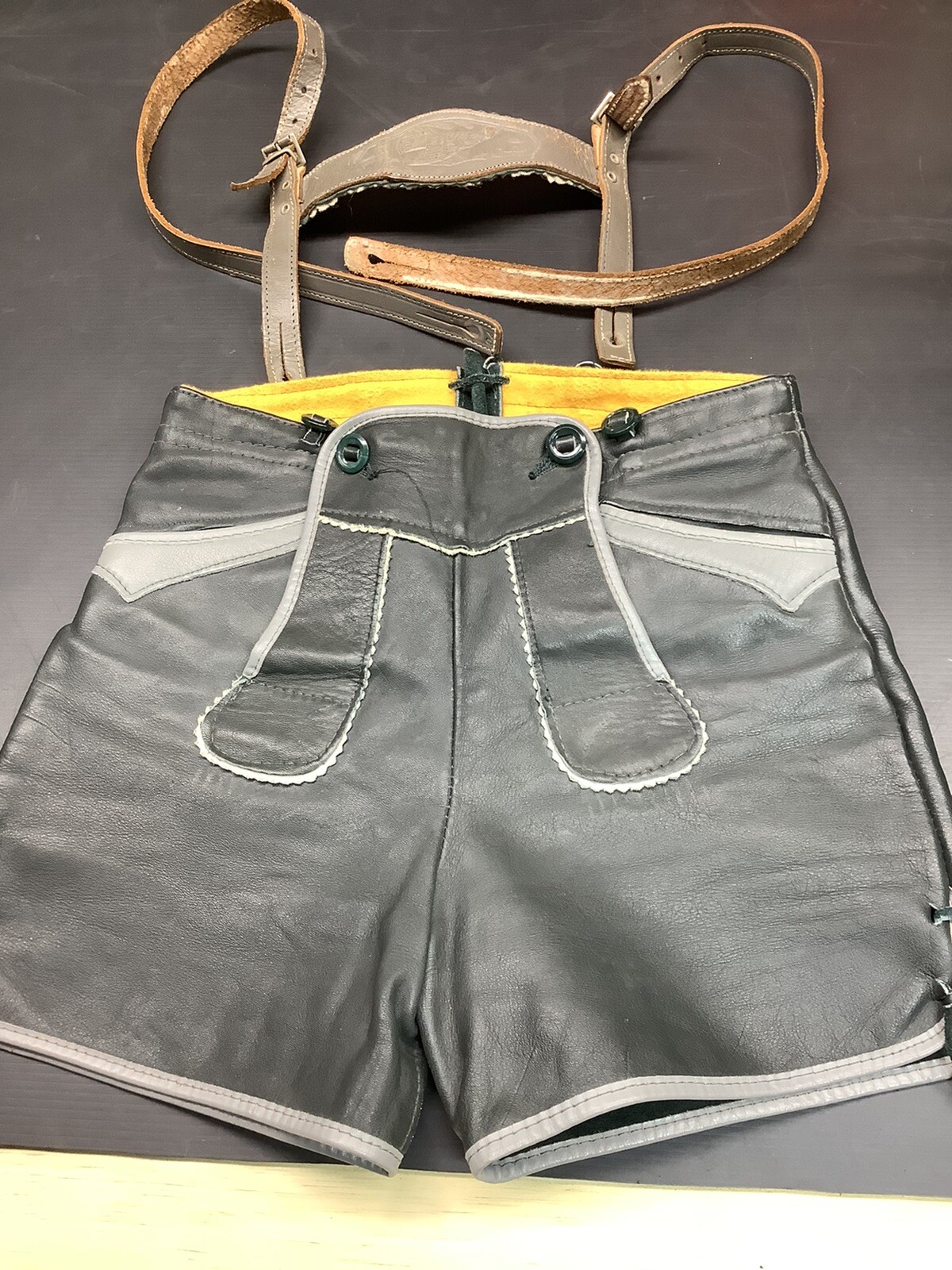 Vintage Lederhosen shorts Gray Leather Small Kids Size Oktoberfest 1970’s