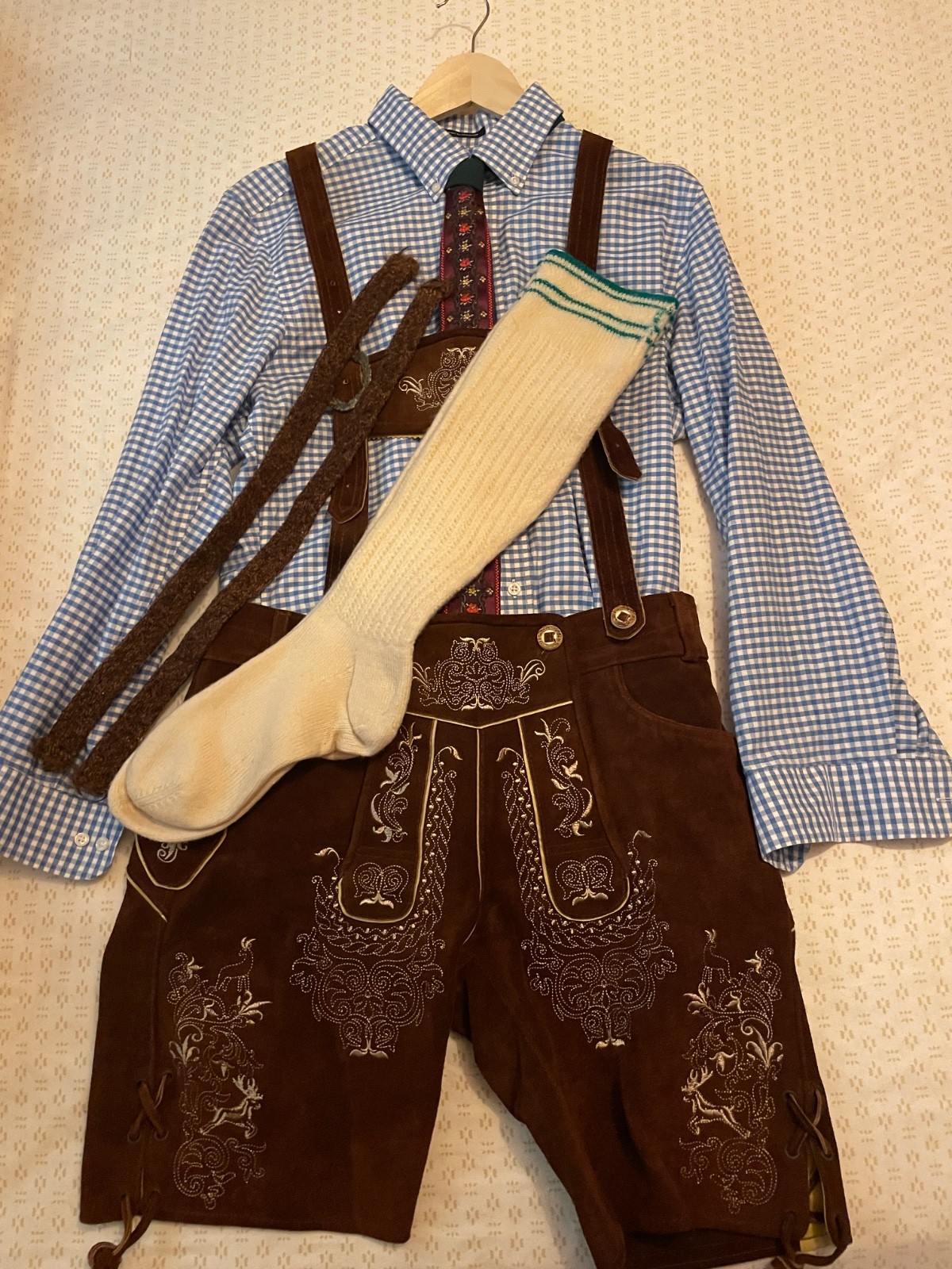 Mens Lederhosen Size 32 Shirt, Socks, Tie, and Garters Included