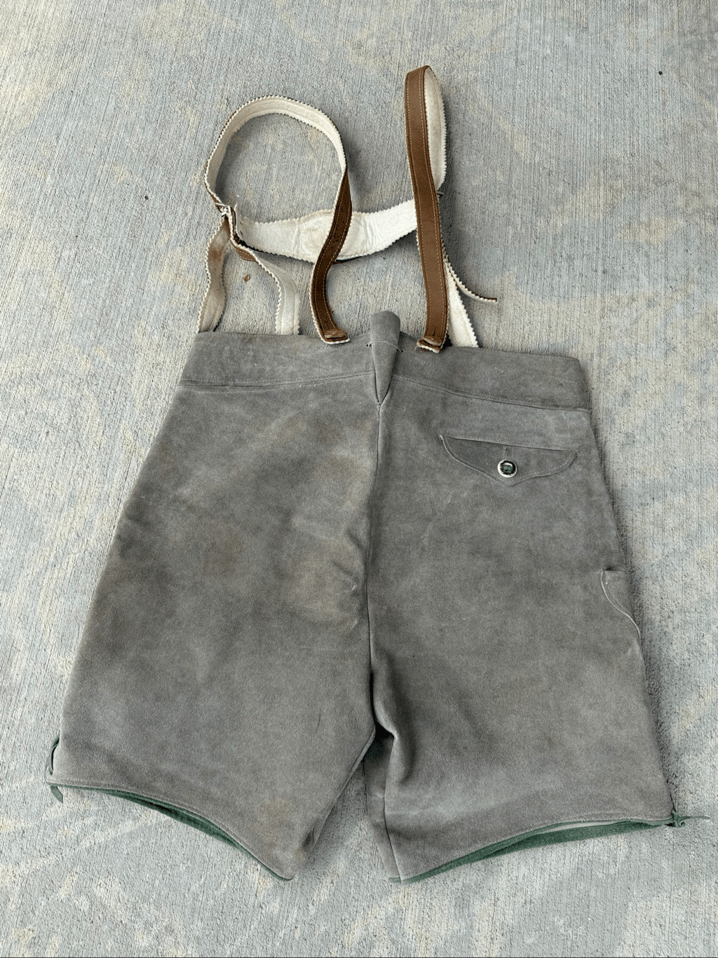 Vintage German Bavarian Lederhosen Gray Suede Leather Shorts with Suspenders