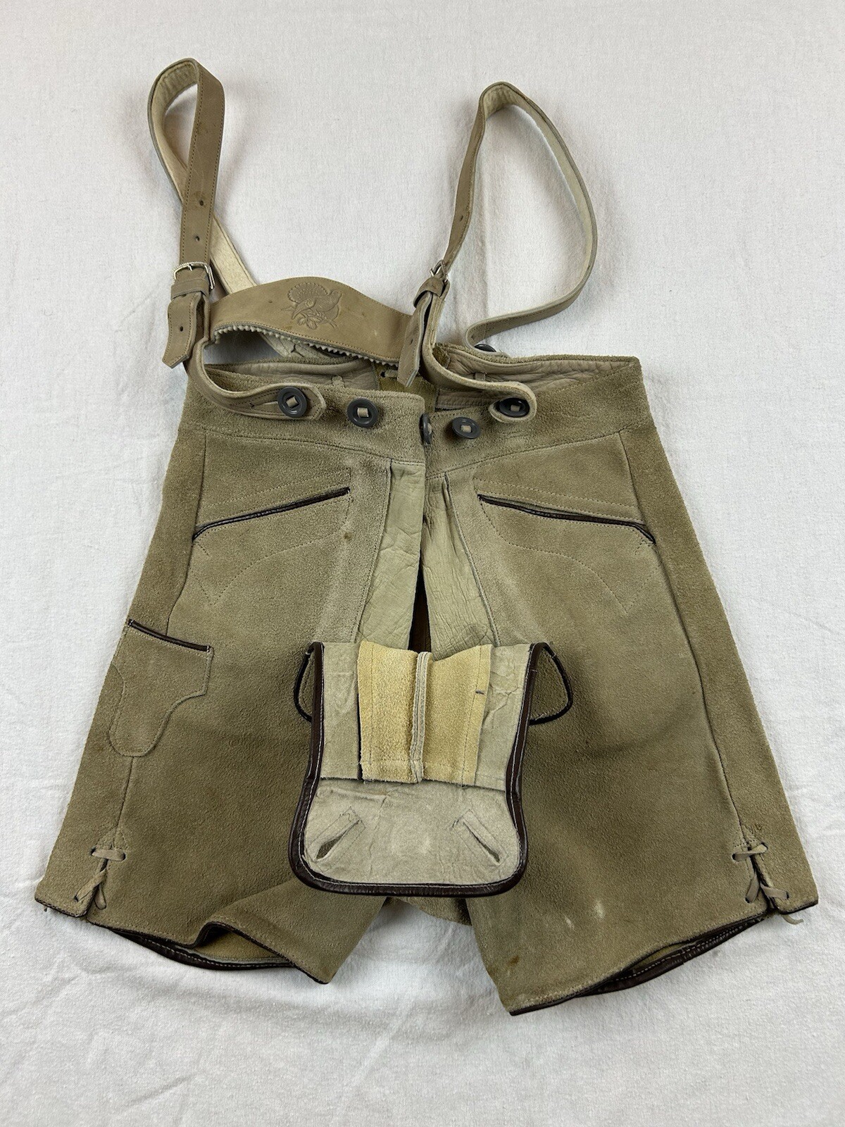 Vintage Lederhosen Suede Leather German Bavarian Genuine Youth Measure In Pics