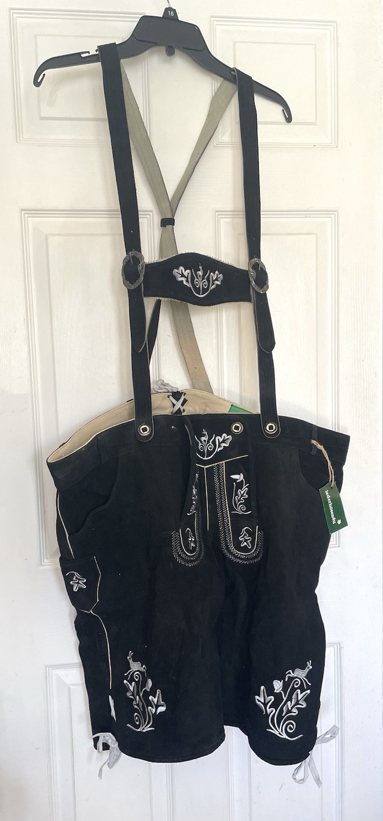 NWT Authentic Men’s Black Suede Leather Lederhosen Embroidered Size 46